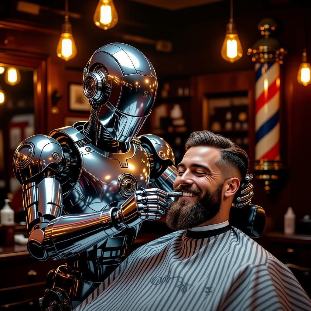 Retro-Futuristic Robot Barber Shaves Customer in Vintage Sho...