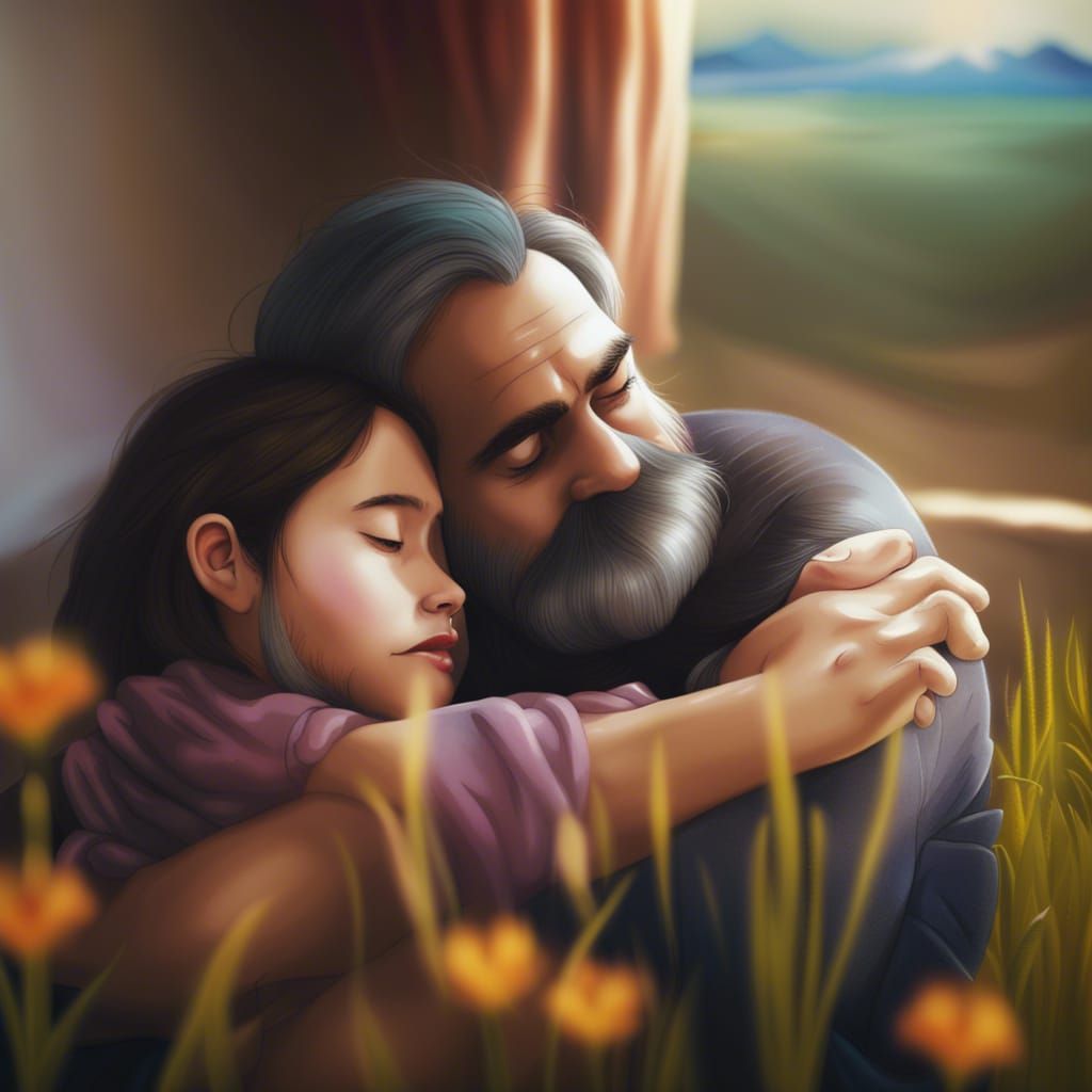 Father and Daughter Embrace in Ghibli Fantasy Setting