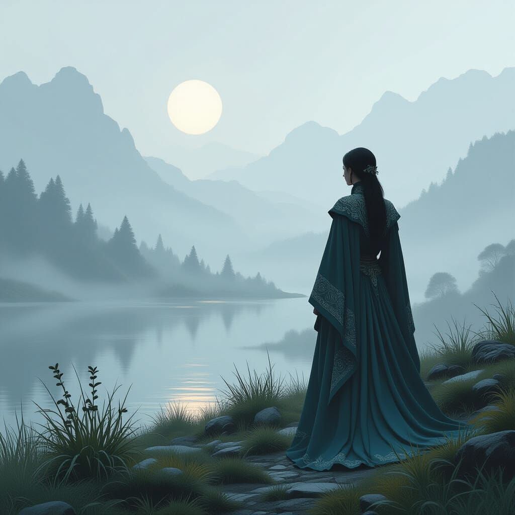 Ethereal Figure in Misty Landscape, Digital Concept Art