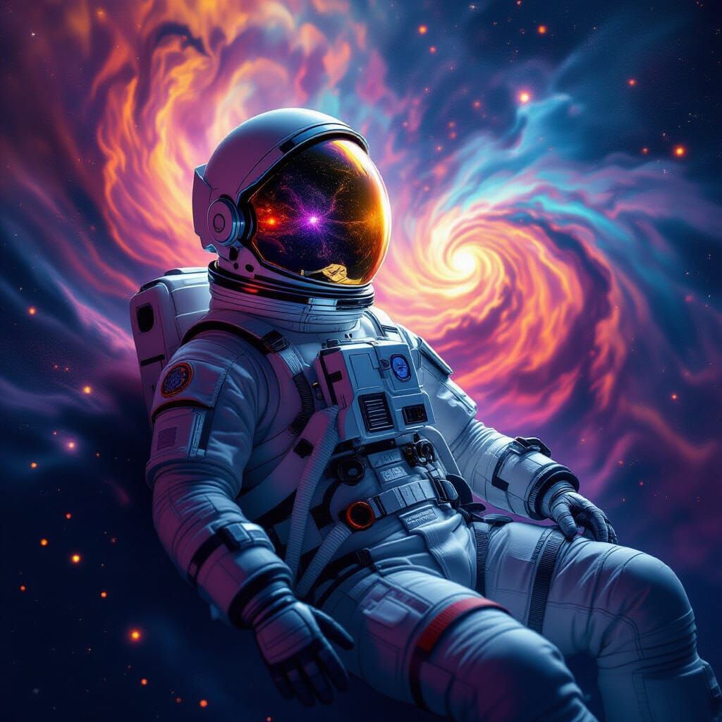 Astronaut Drifting in Nebula Reflecting Alien Galaxy