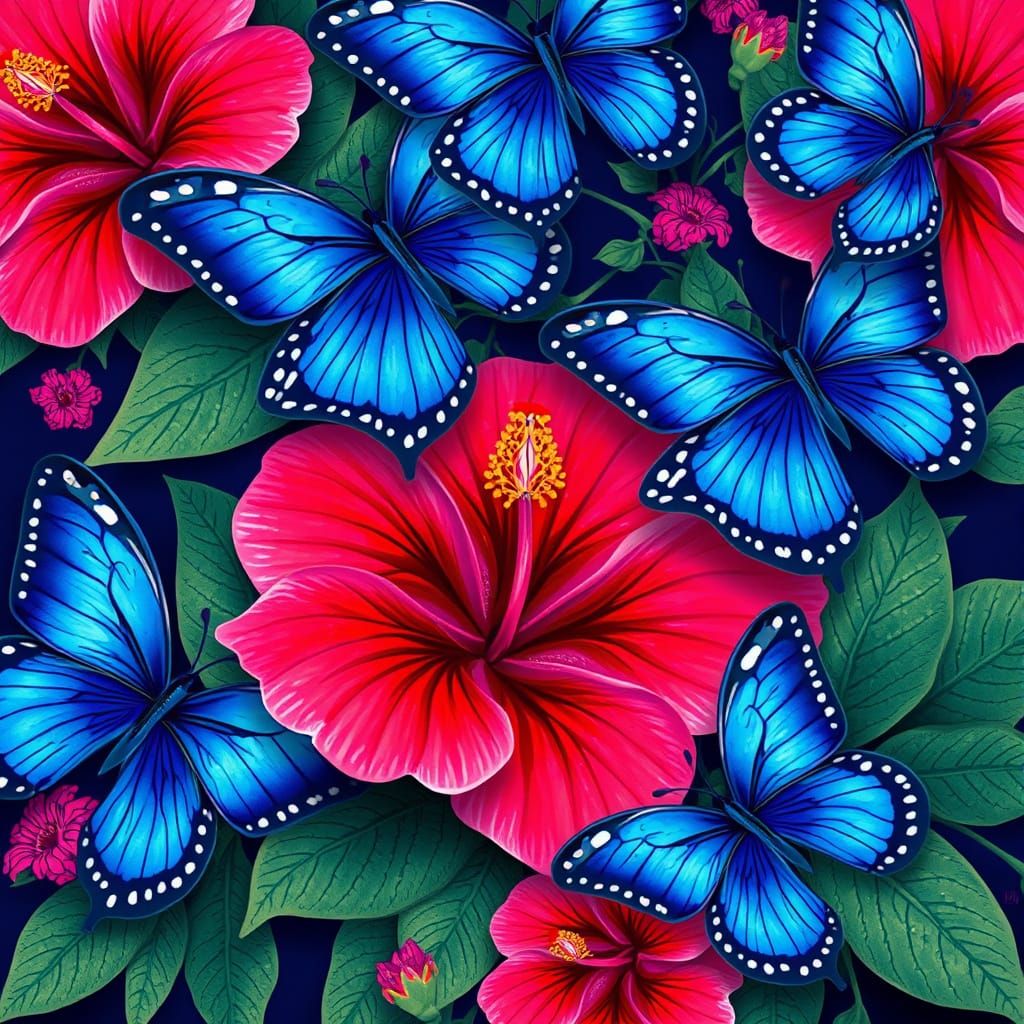 Hibiscus Flowers and Royal Blue Butterflies, Whimsical Style