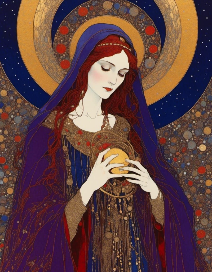 Mary Magdalene with Golden Halo in Stained Glass Style