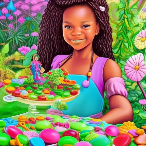 Young Black Girl Tends Fantasy Garden in Candy Art Style
