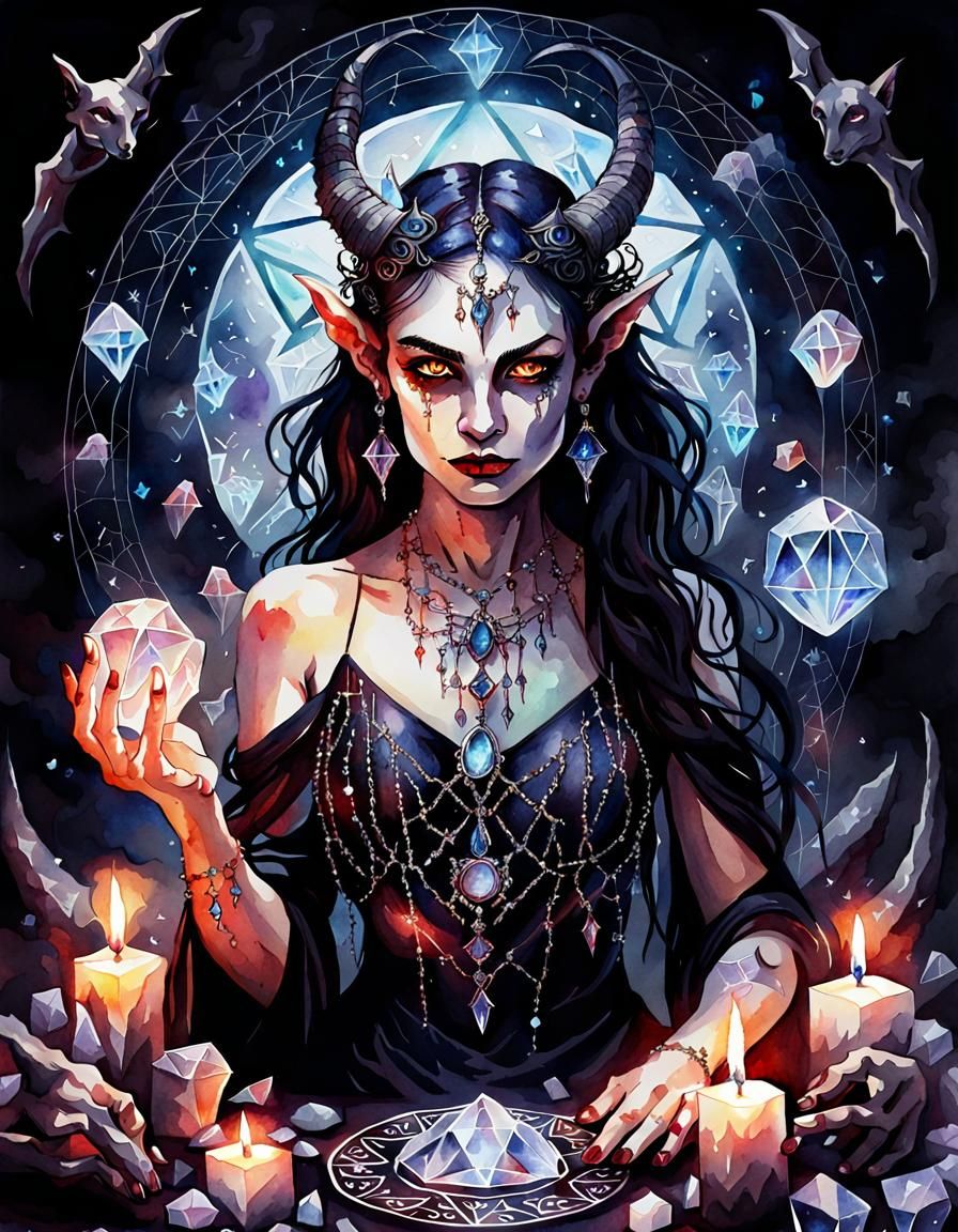 Gothic Demoness Surrounded by Crystals in Watercolour Style