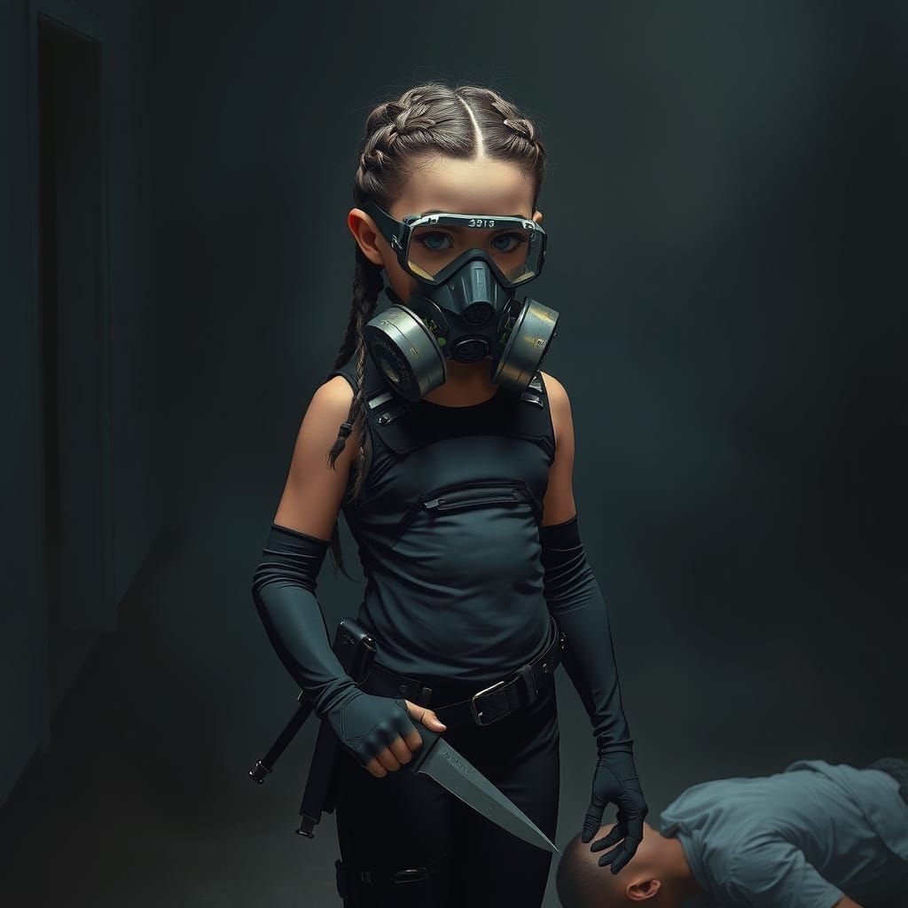 Gritty Cyberpunk Girl with Knife in Dark Room