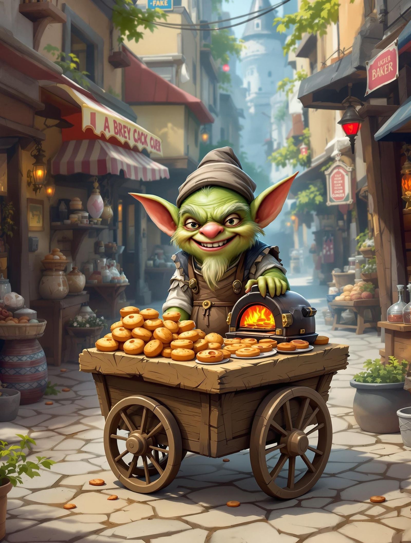 Whimsical Goblin Baker in Colorful Marketplace