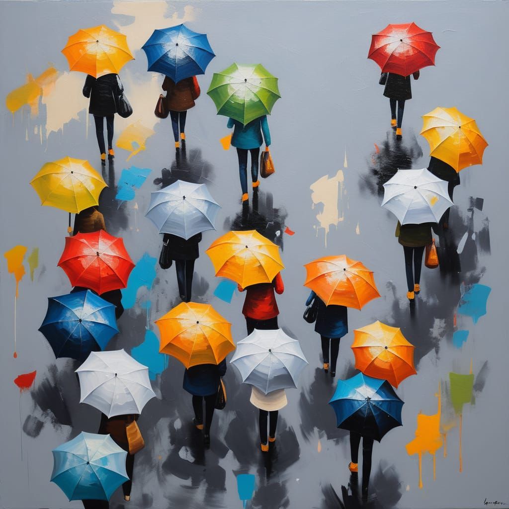 Parisian People with Umbrellas in Abstract Oil Painting