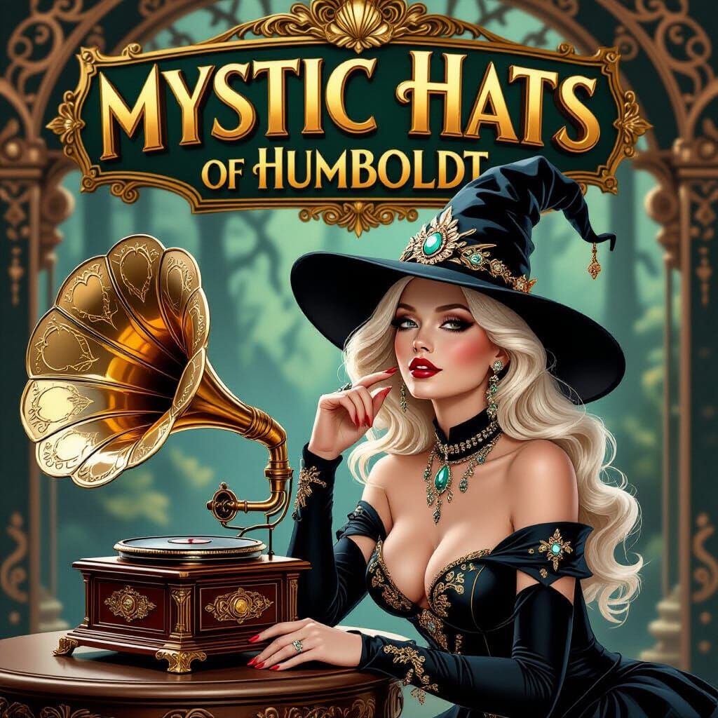 Glamorous Albino Lady with Witch Hat in Art Nouveau Setting