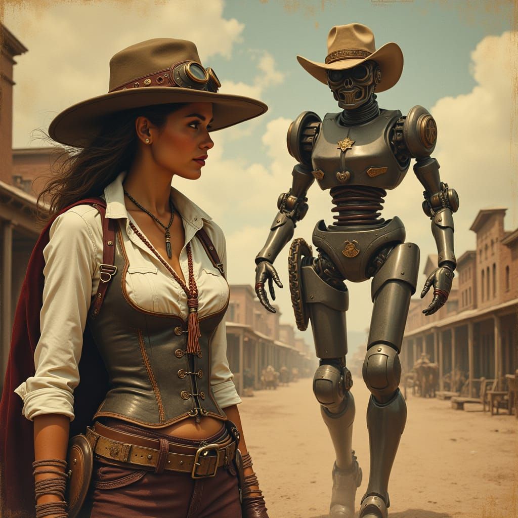 Steampunk Cowgirl vs Robot Sheriff Western Poster
