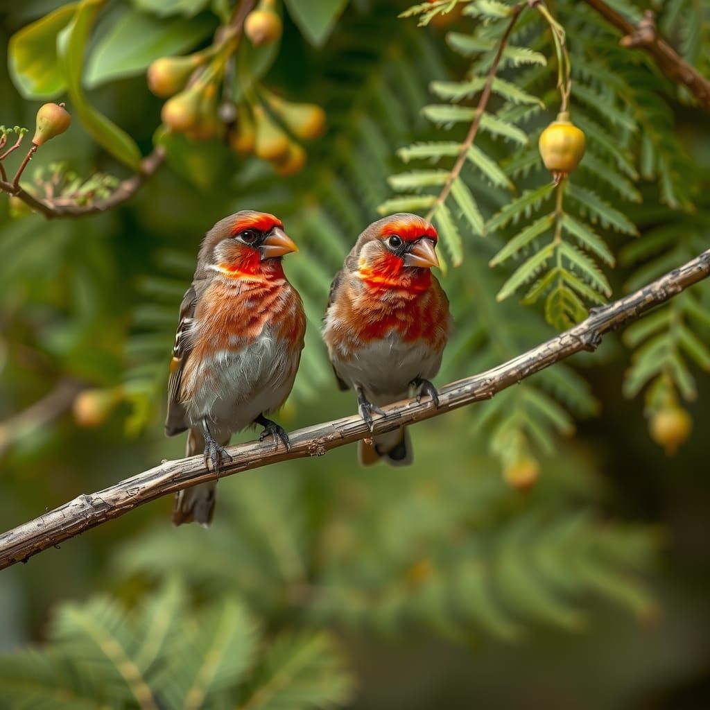 Strawberry Finches in Impressionist Setting