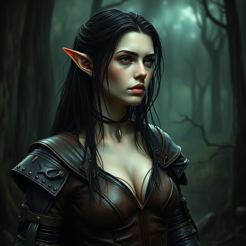 Elf Maiden in Rain-Soaked Forest, Dark Fantasy