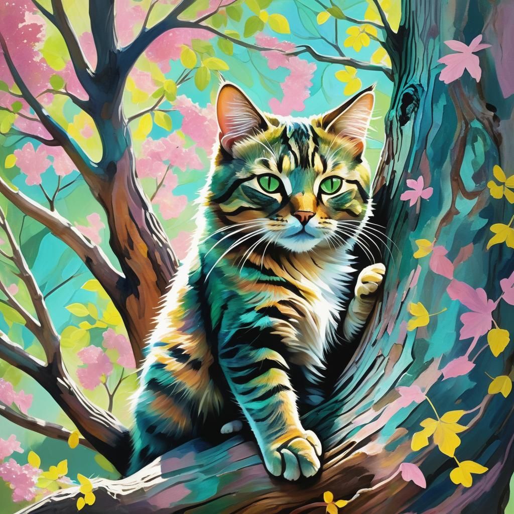Tabby Cat Climbing Tree in Watercolor Style