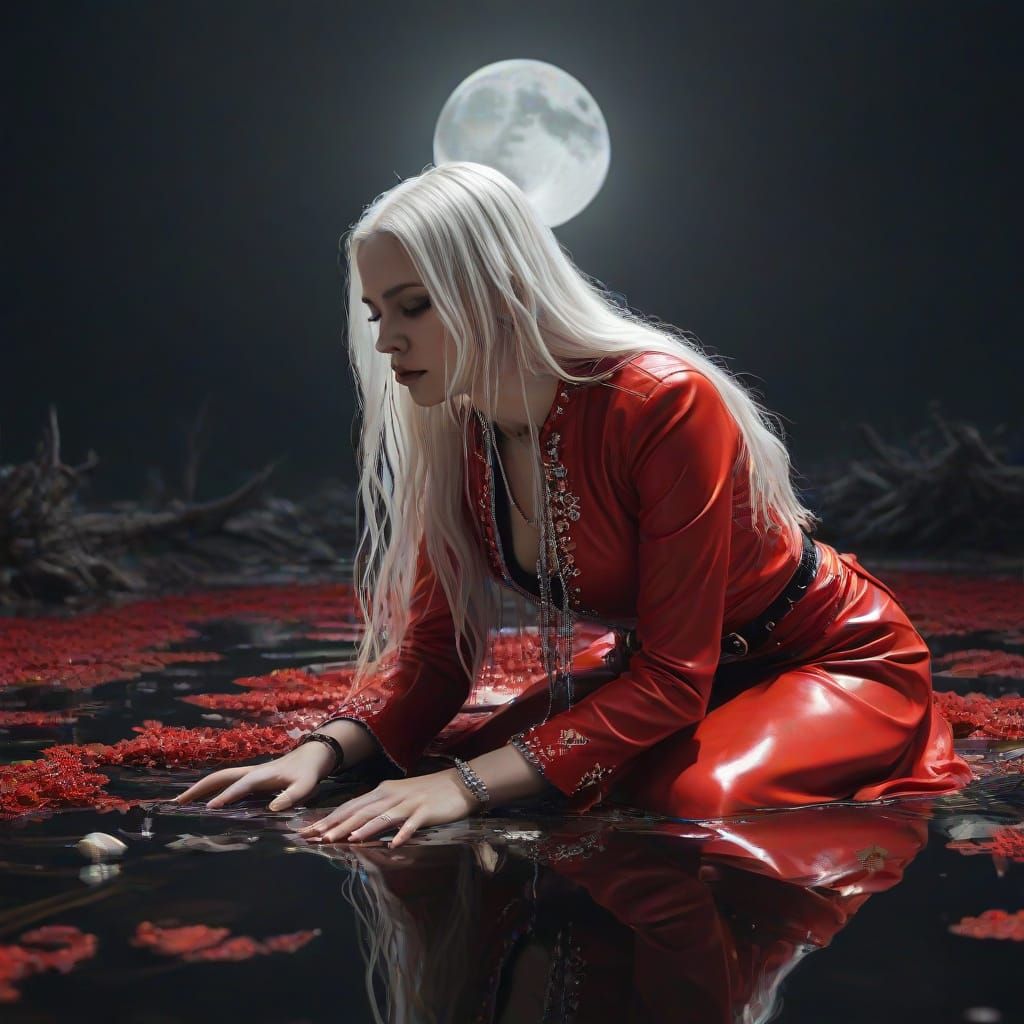 Dark Fantasy Woman in Royal Funeral Attire Amidst Bones