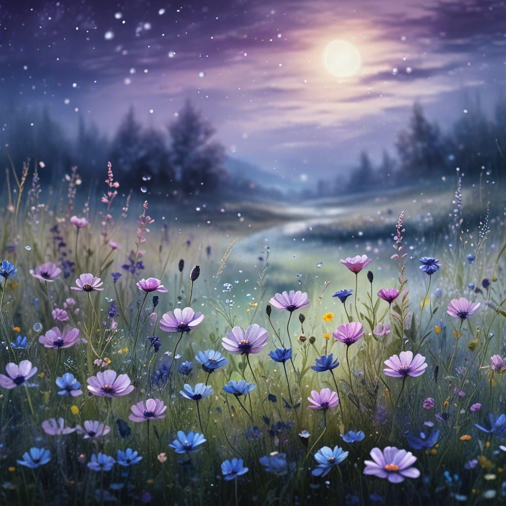 Impressionistic Wildflowers Swaying Under Moonlight