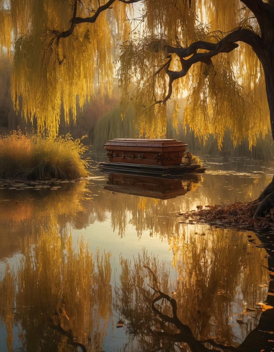 Mahogany Casket Sinking into Pond in Romantic Realism