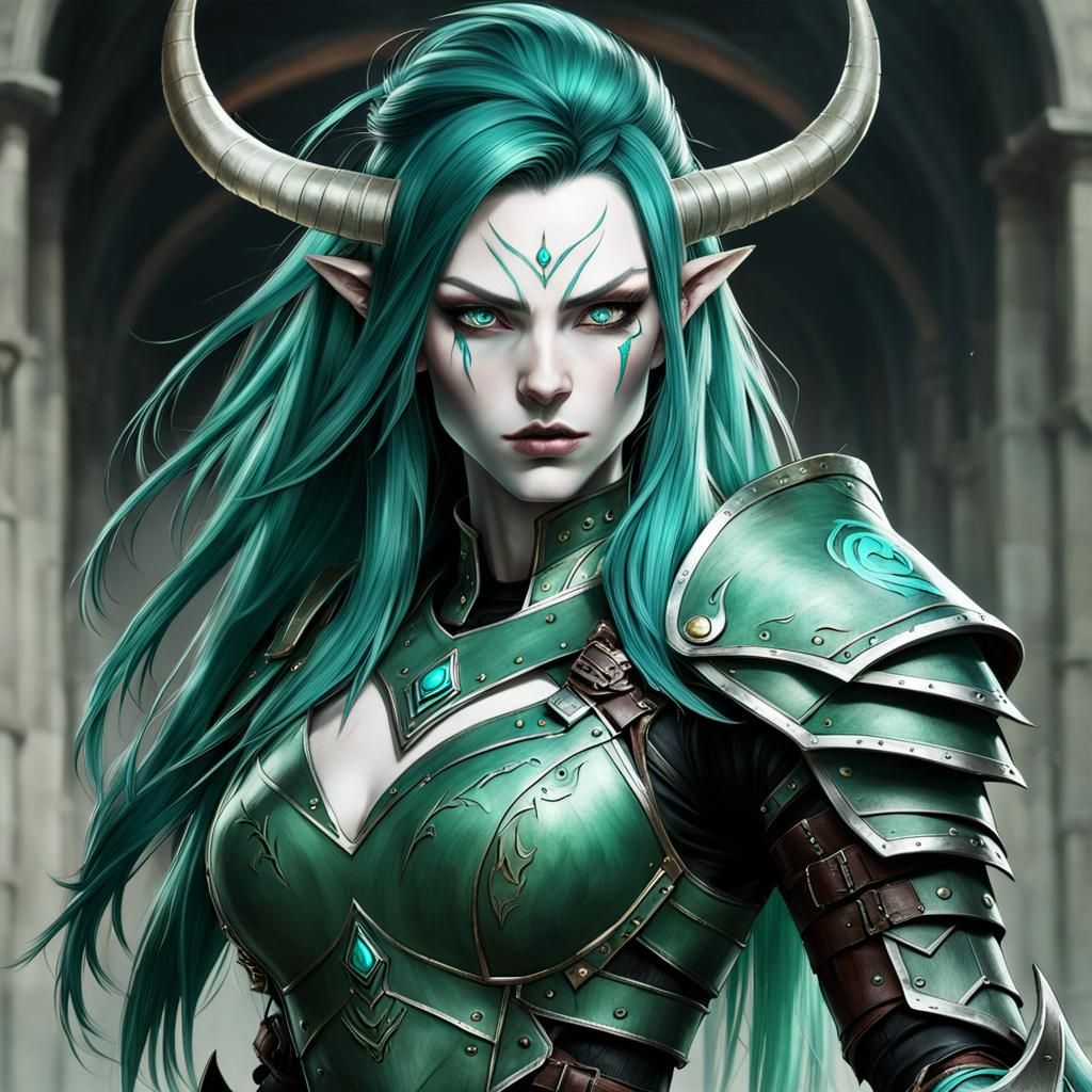 Beautiful Oni Woman with Green Hair