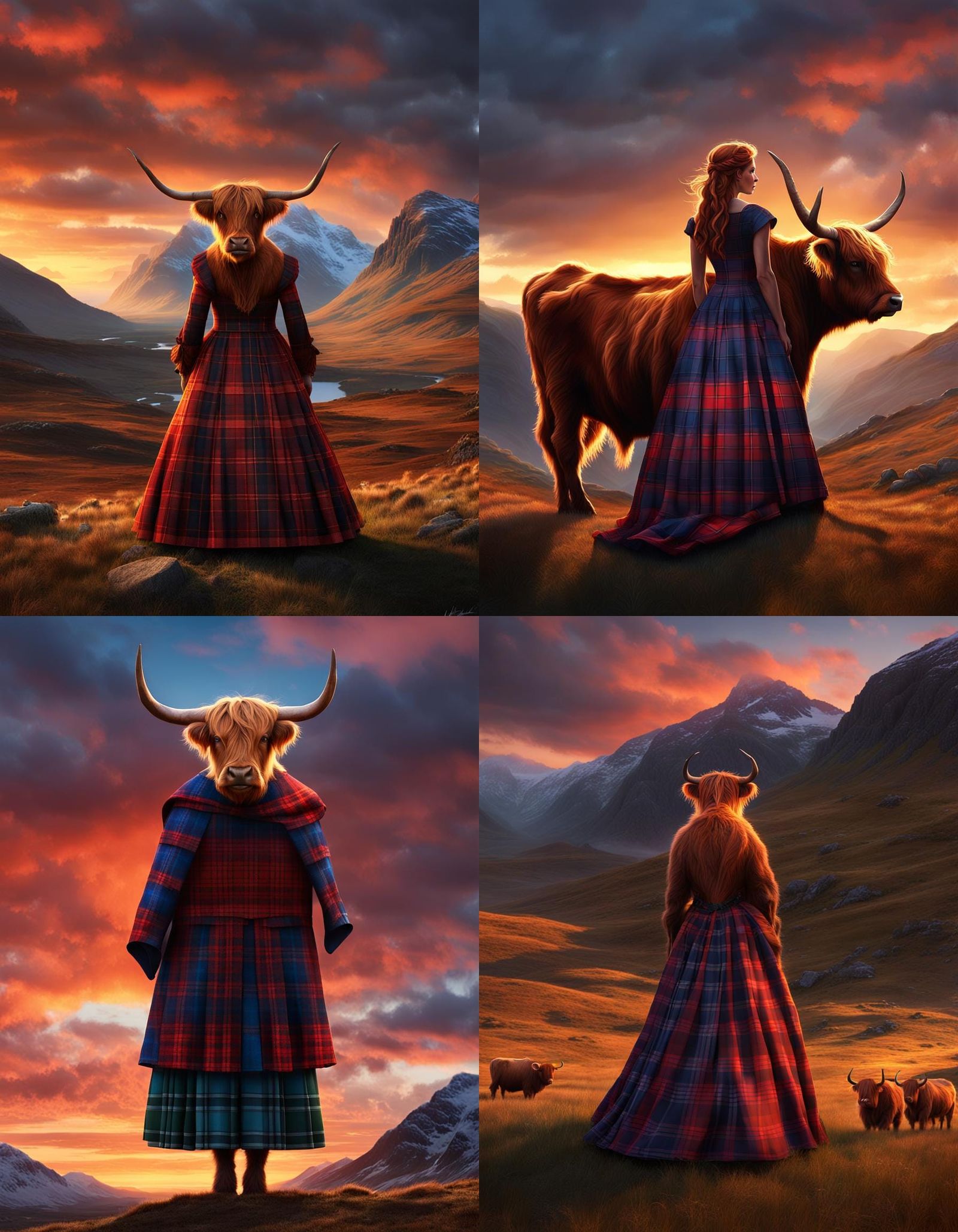 Highland Cow in Tartan Gown at Sunset