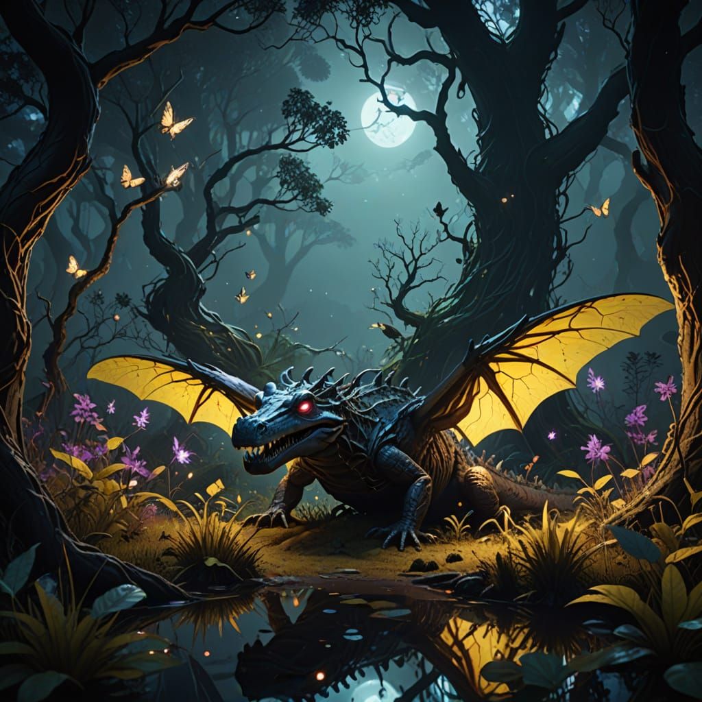 Surreal Creature Emerges from Misty Swamp in Ethereal Light