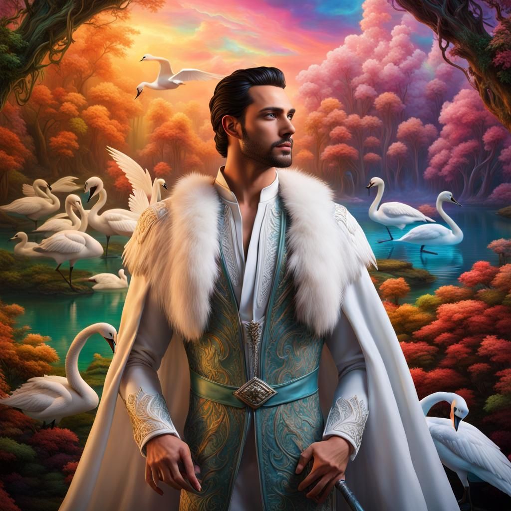 Fantasy Elf Prince with Iridescent Flying Swans