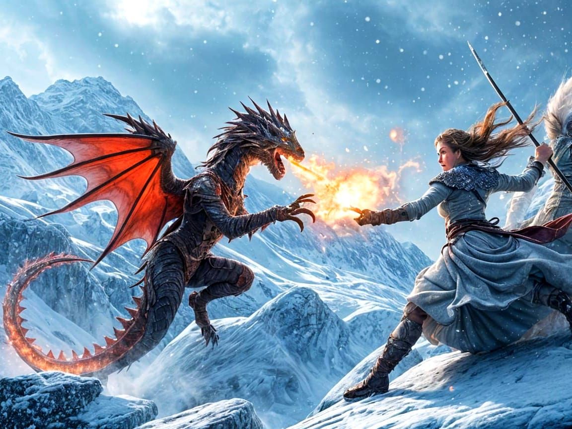 Lady Dragon Warrior Battles Enchanted Lady Mage in Snowy Mou...