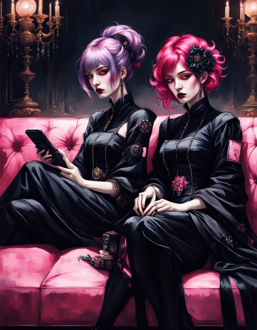 Cyberpunk Girls with Pink Hair Play Video Games