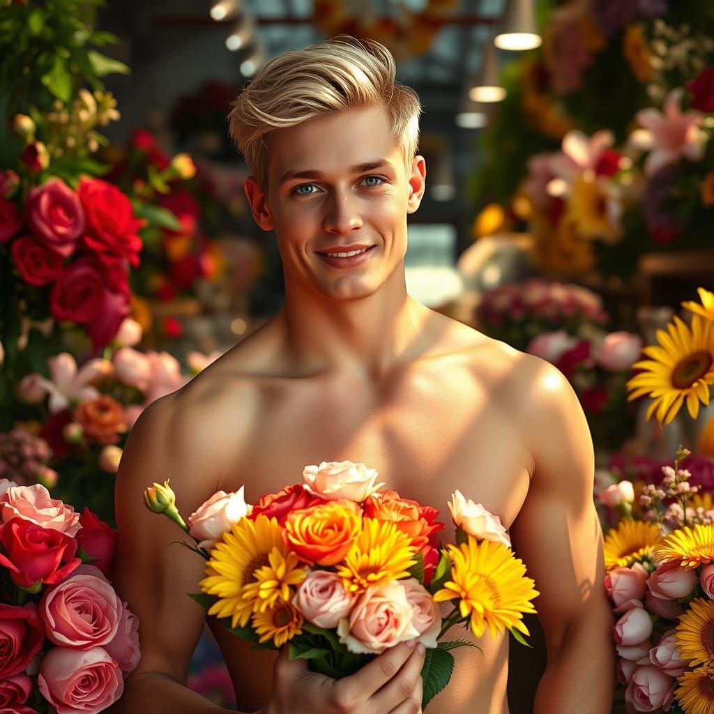 Chiseled Fitness Model Surrounded by Vibrant Blooms in a Bot...