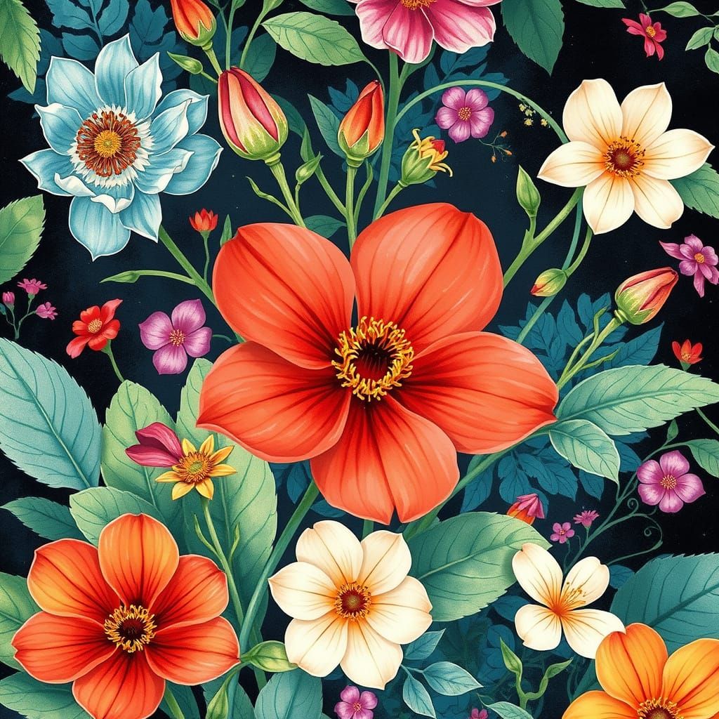 Vibrant Blooming Flowers in Mixed Media Style