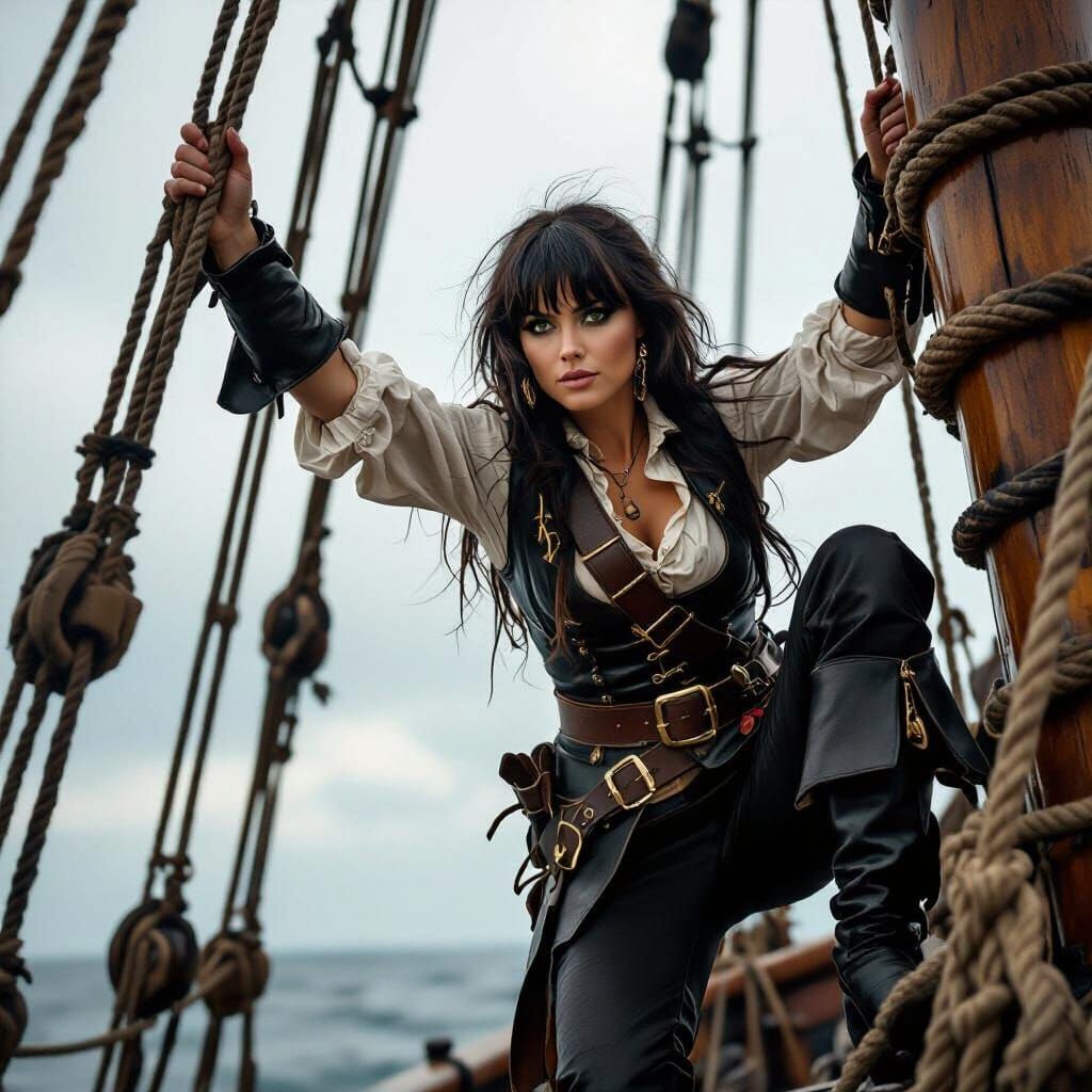 Pirate Woman Climbs Rigging on Sailing Ship