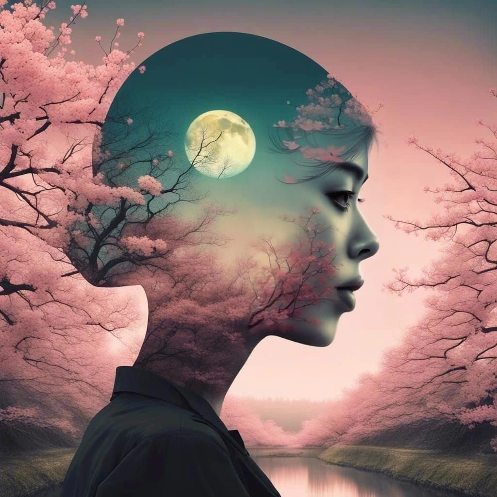 double exposure cherry blossom moon