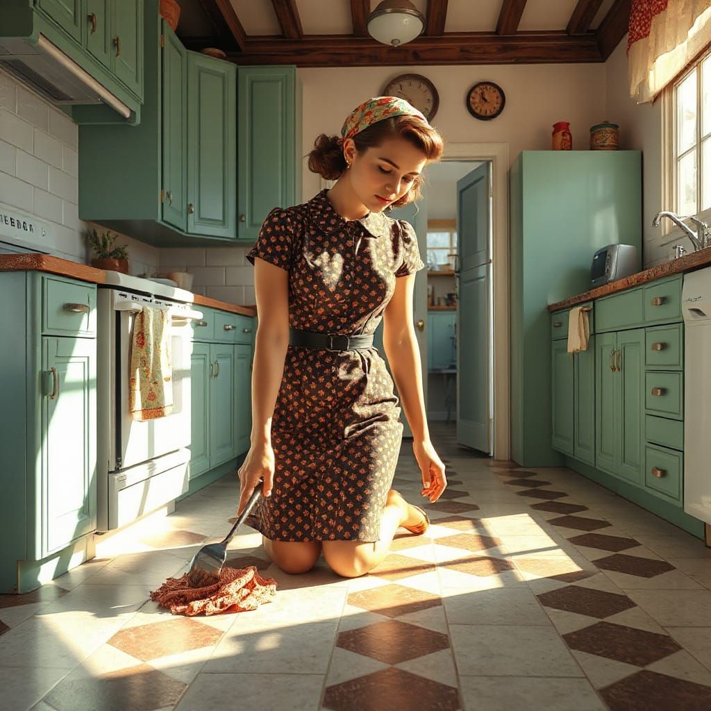 Tradwife Scrubbing Floor in 1950s Style