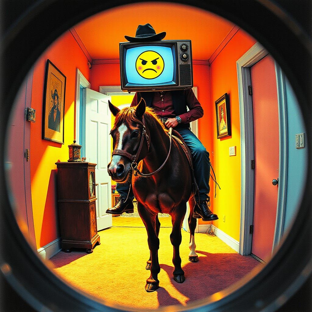 Vintage Cowboy in Fisheye Lens Perspective, TV Head, and Ret...