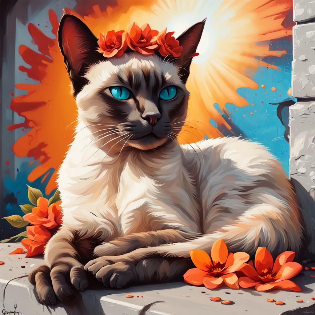 Siamese Cat Napping with Floral Crown in Graffiti Art