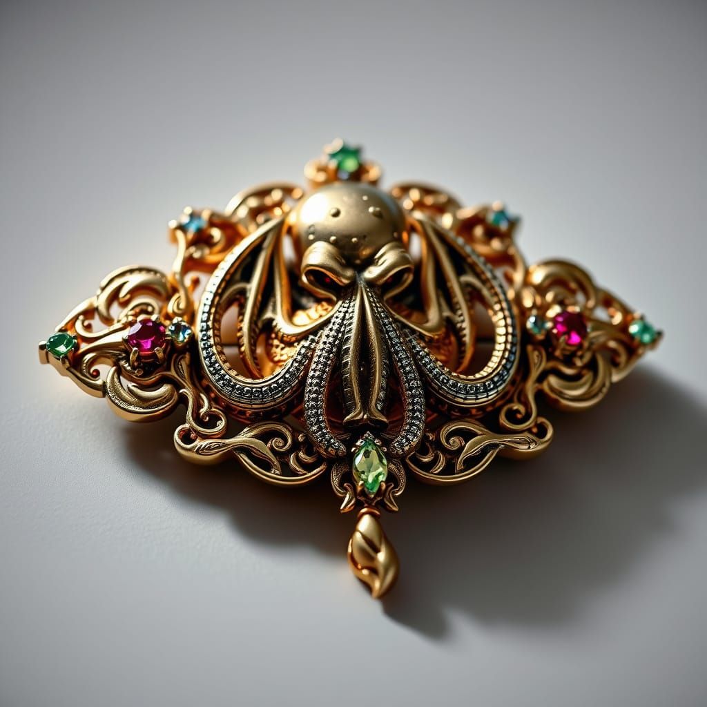 Luxurious Art Deco Brooch Featuring Cthulhu in Opulent Style