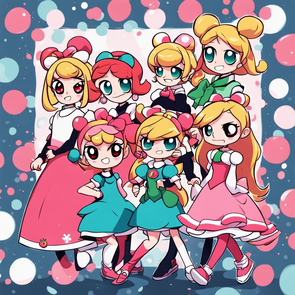 Powerpuff Girls and Princess Peach in Anime Style