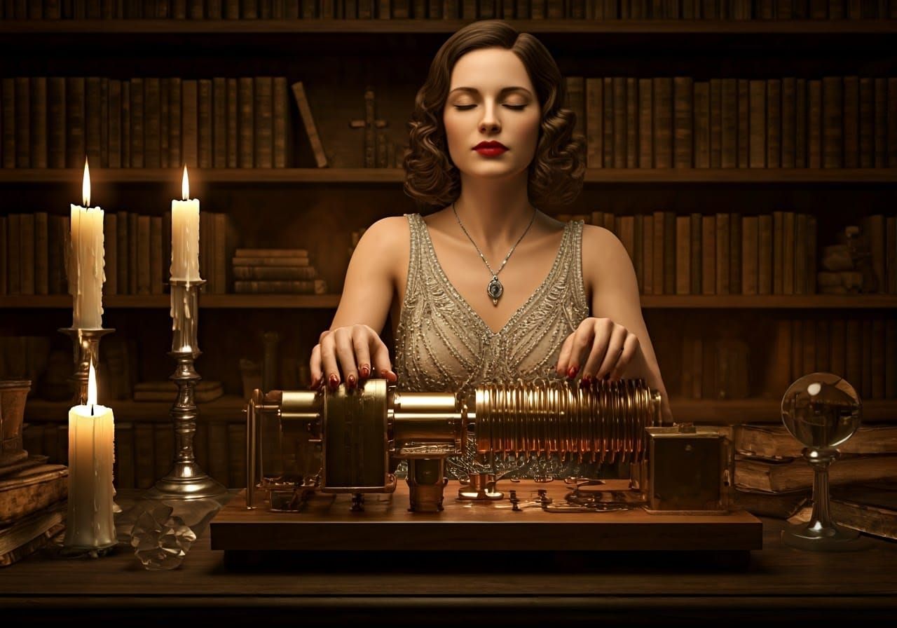 Elegant Woman Amplifying Psychic Powers with 1930s Device