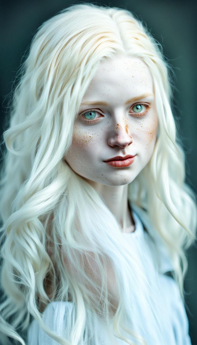Albino Girl Portrait with White Hair and Freckles