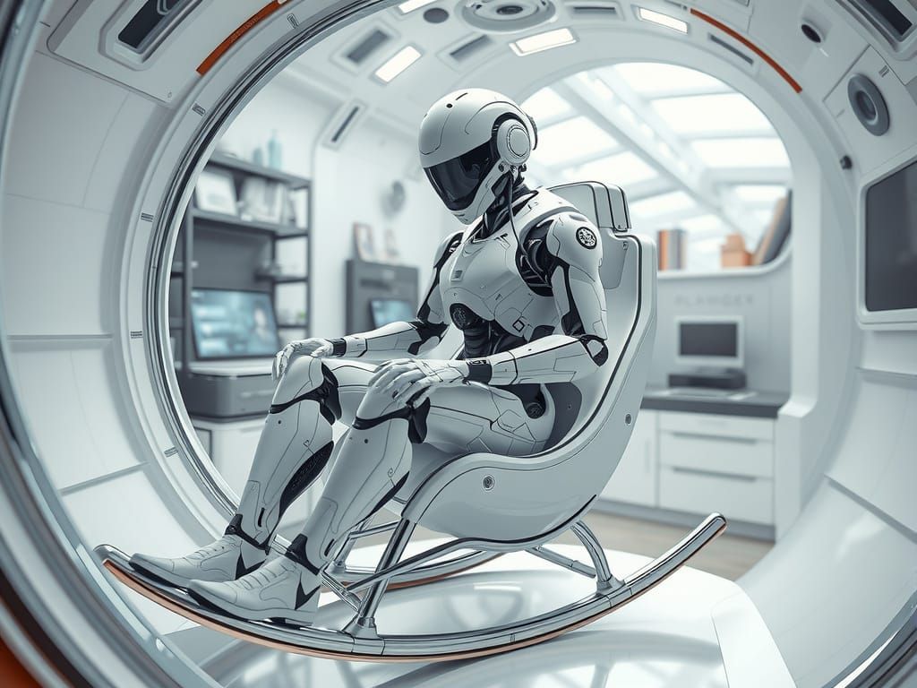 Detailed Android Cyborg in Space Age Rocking Chair