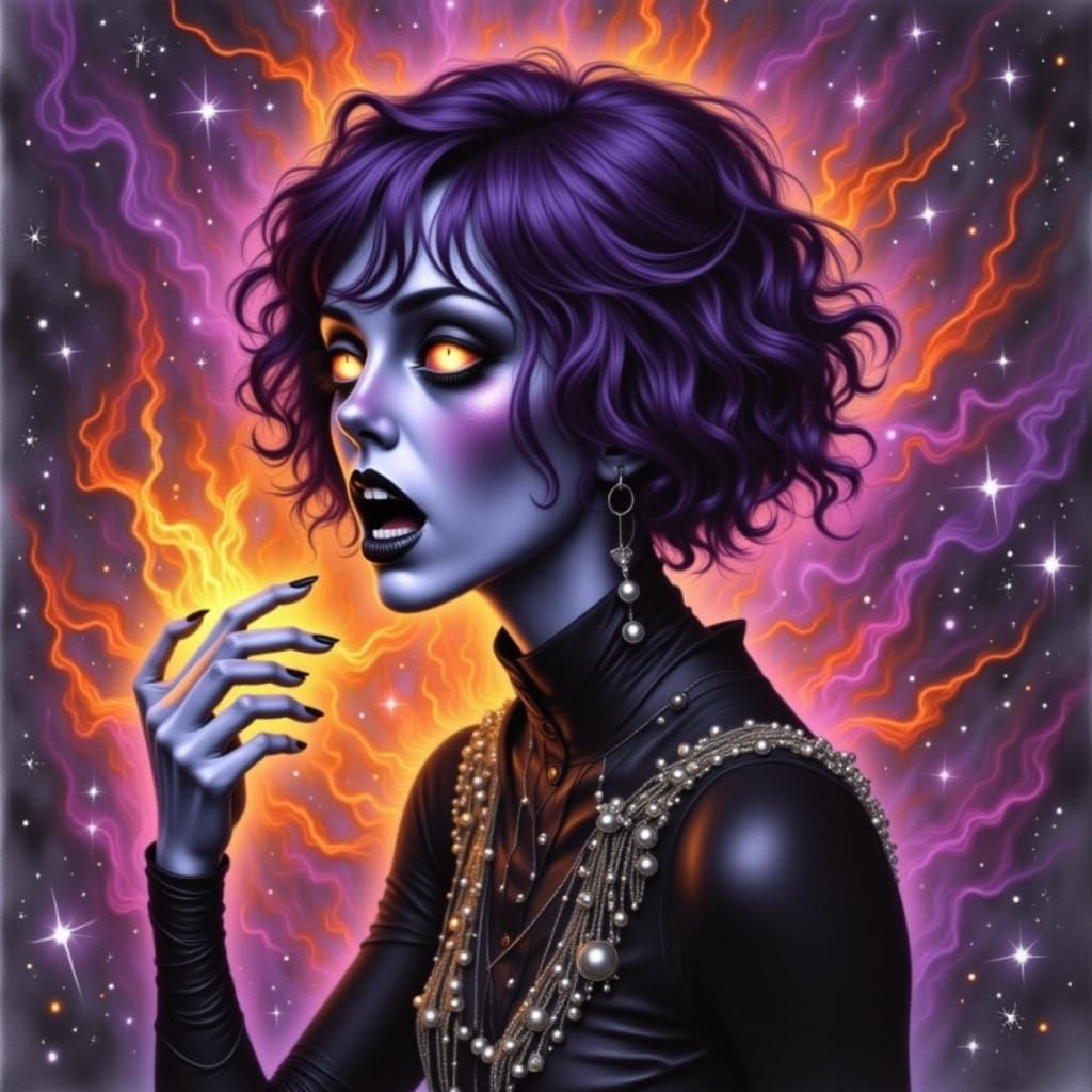 Steampunk Witch Screaming at Starry Cyberpunk Sky