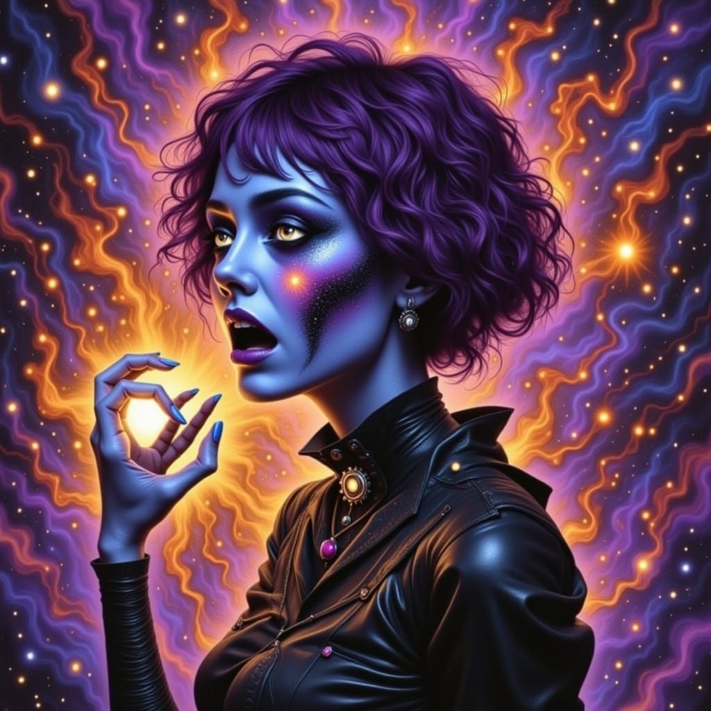 Steampunk Witch Breathing Fire in Cyberpunk Style