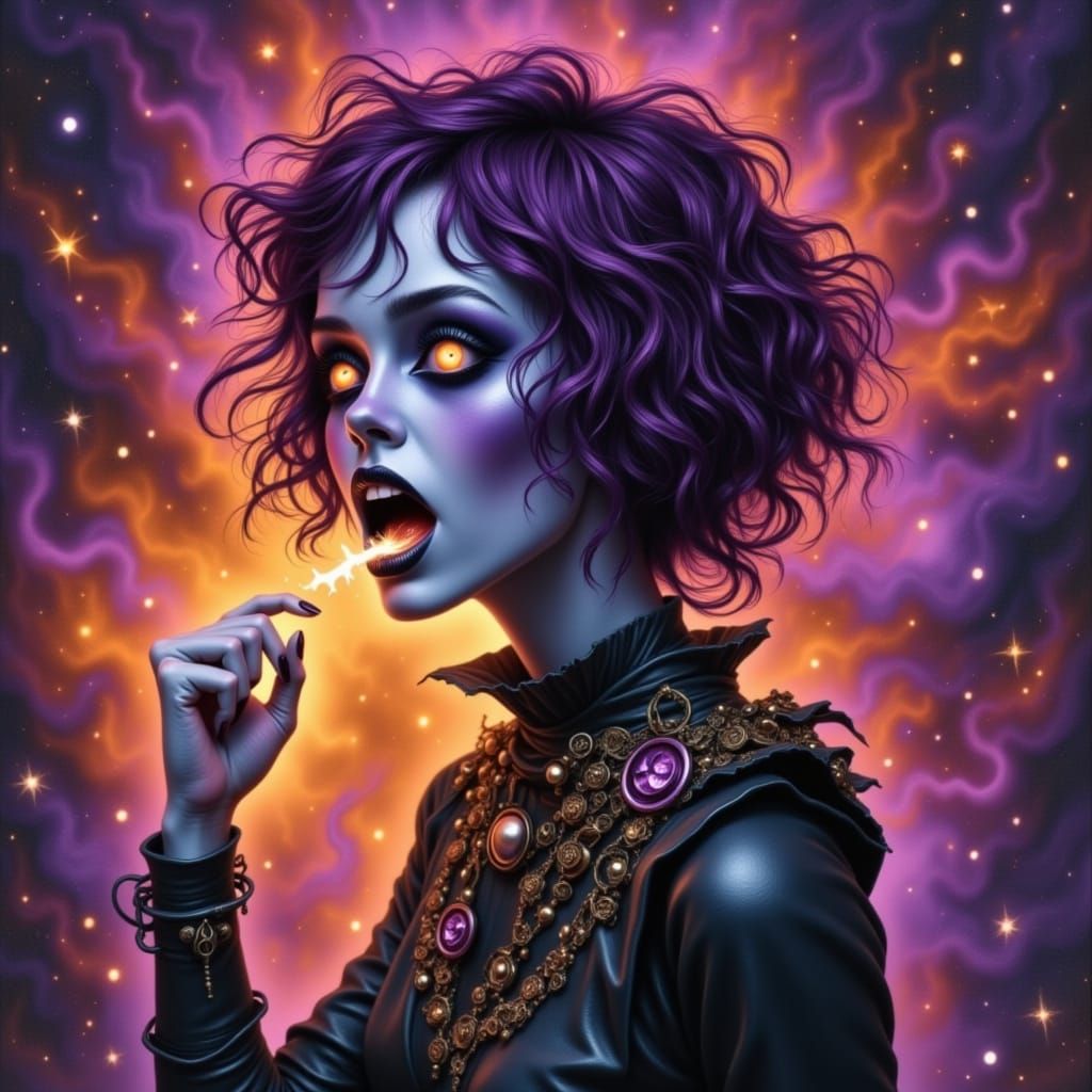 Steampunk Witch Breaths Fire in Cyberpunk Style