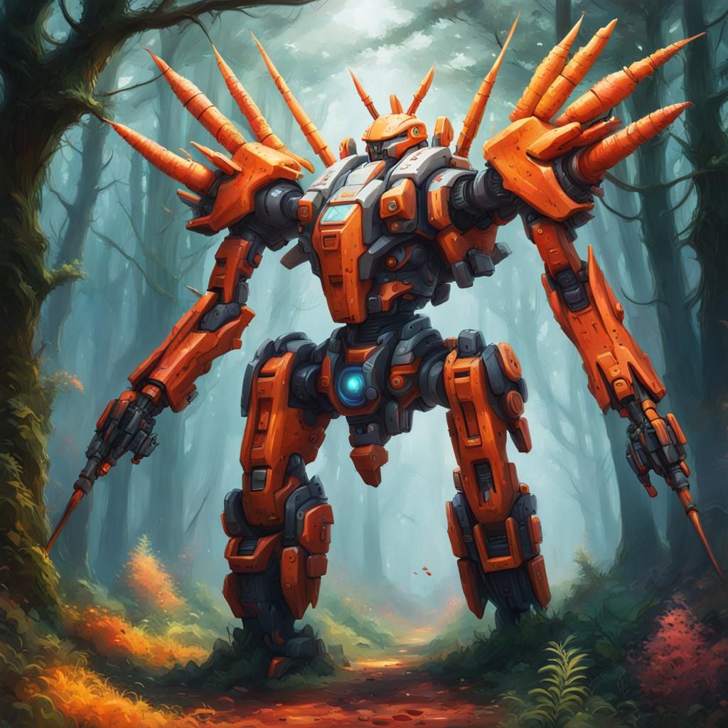 Mystical Carrot Forest Mecha: Hyperrealistic Concept Art