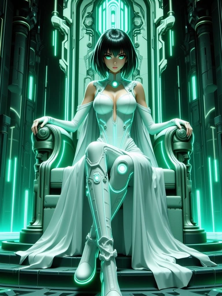 Woman with short black hair, green eyes. wearing a white sle...