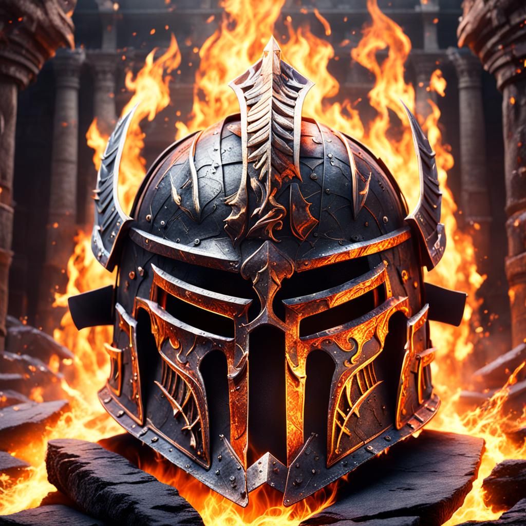 Flaming Battle Helmet on Mystical Slate, Detailed Matte Pain...