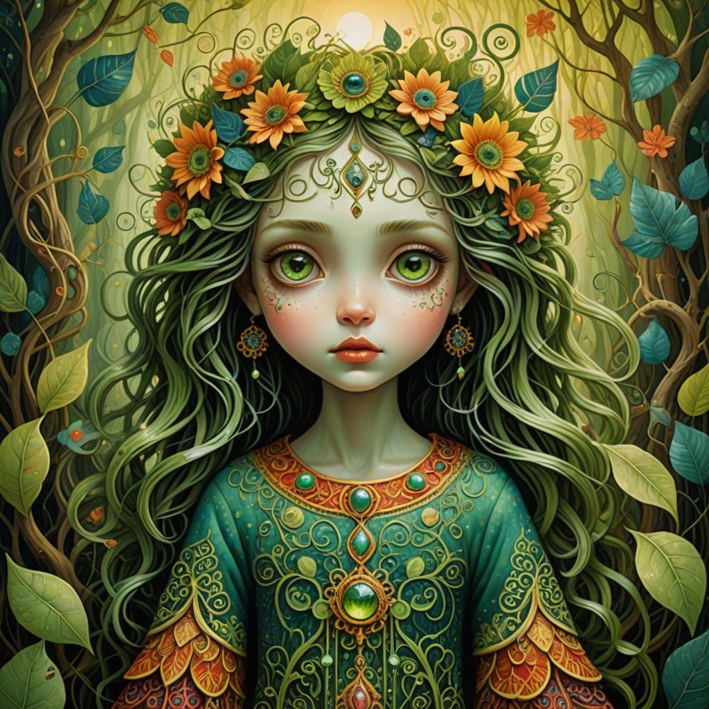 Surreal Whimsical Female Creature in Vibrant Art Nouveau Sty...