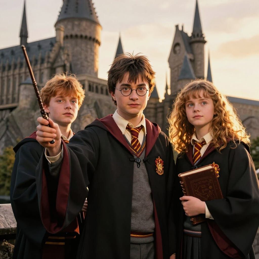 Harry, Ron, and Hermione at Hogwarts at Sunset