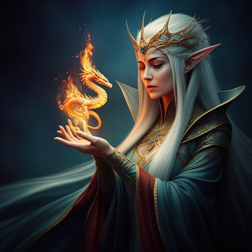 Elf Queen Summons Fire Dragon, Fantasy Art