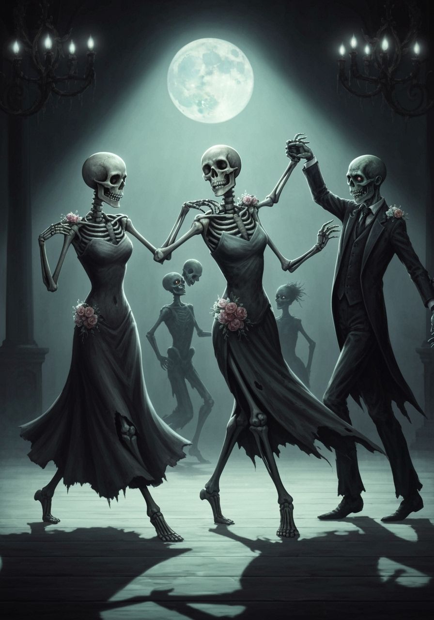 Undead Ballroom Dance: Skeletons Twirling in Moonlight