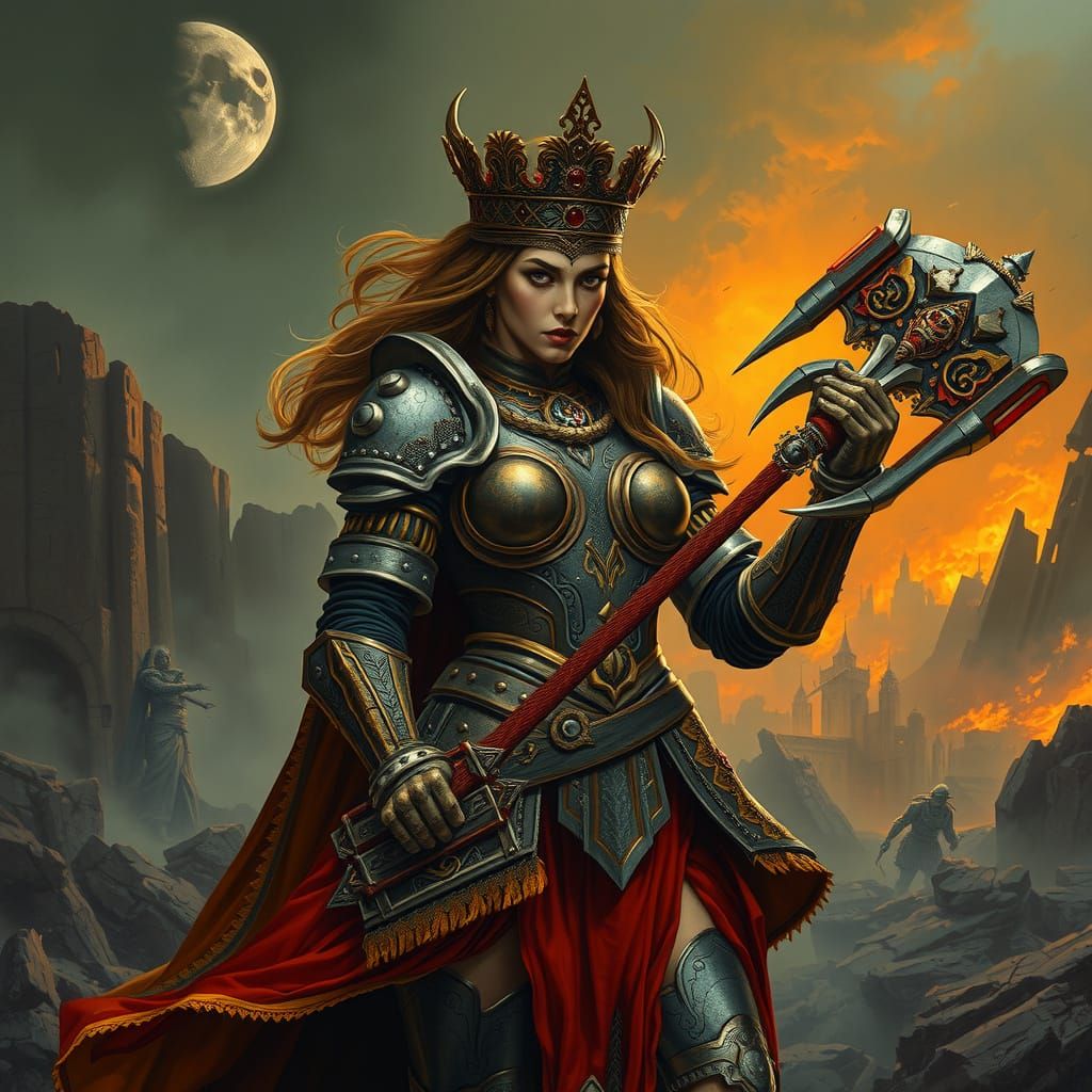 Dark Fantasy Warrior Queen in Post-Apocalyptic Ruins