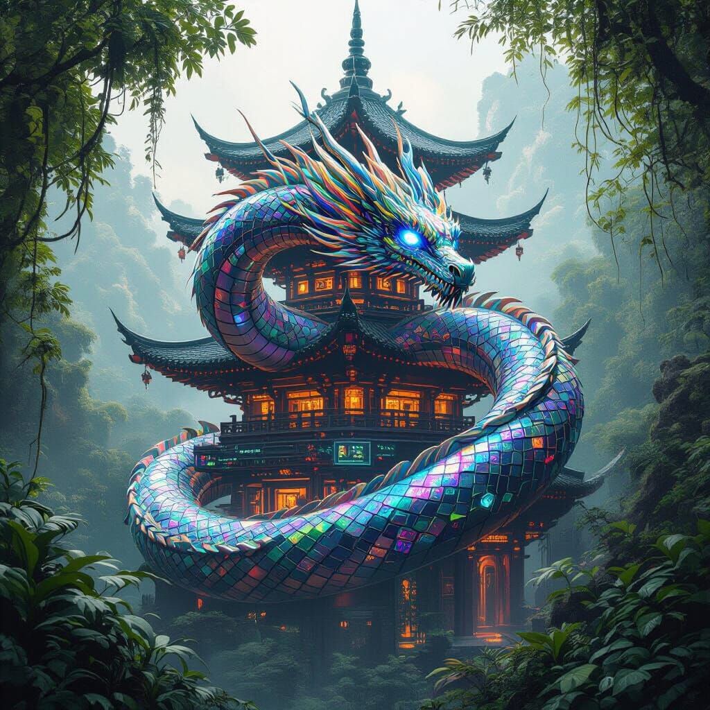 Biomechanical Dragon Coiled Around Futuristic Pagoda