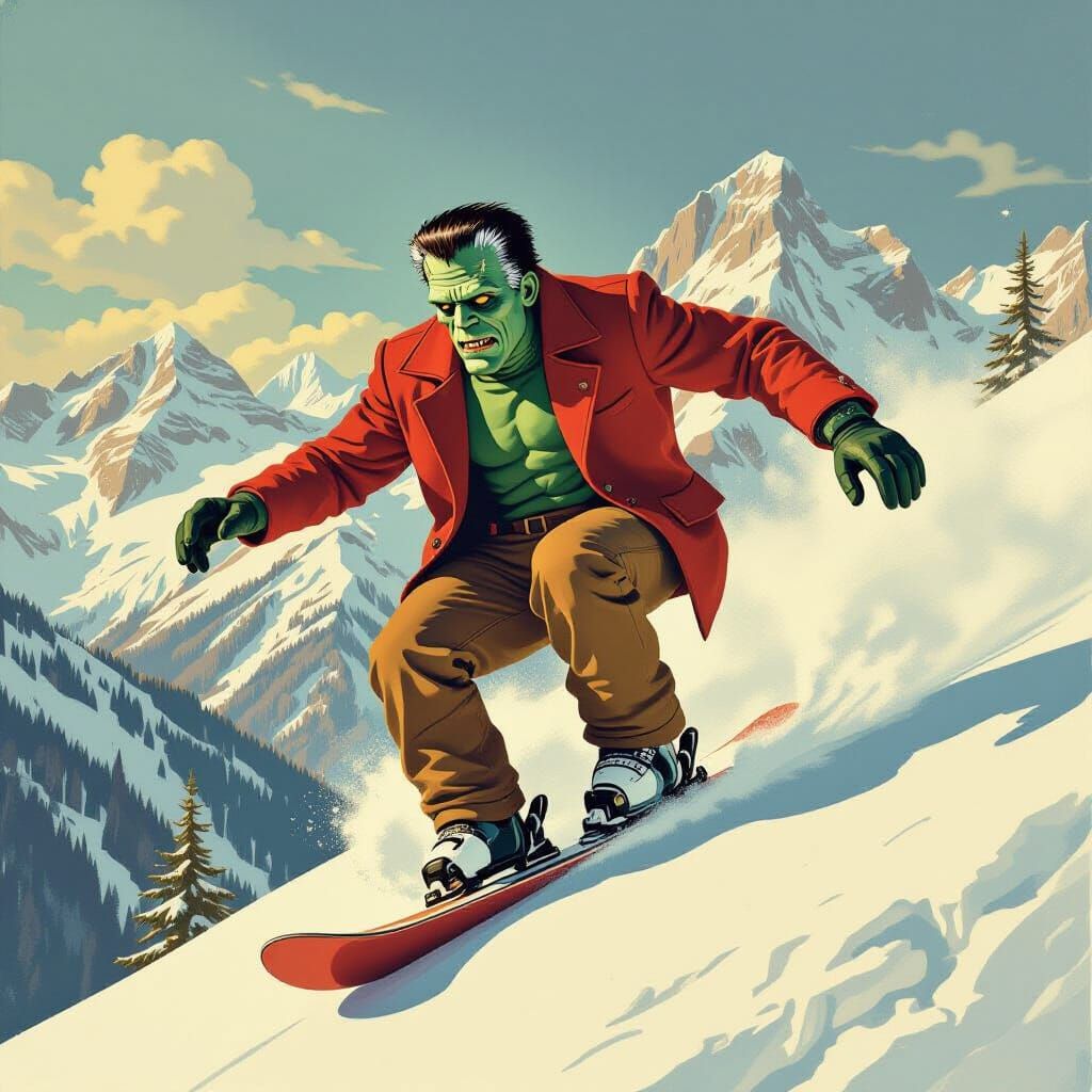 Frankenstein Snowboarding in Golden Age Illustration Style